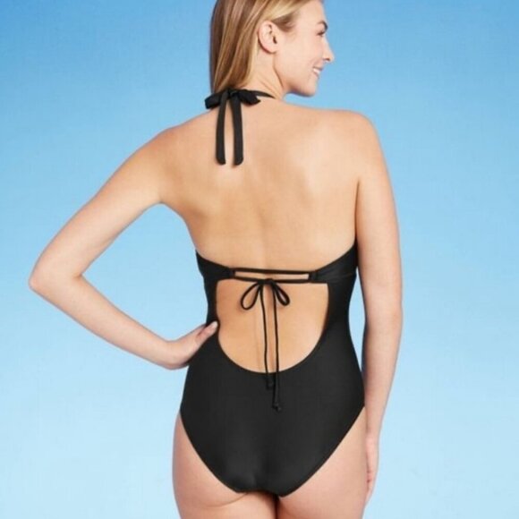 Kona Sol SZ M Crochet Trim Black Halter One Piece Swimsuit Beach Vacation Boho - Picture 4 of 12